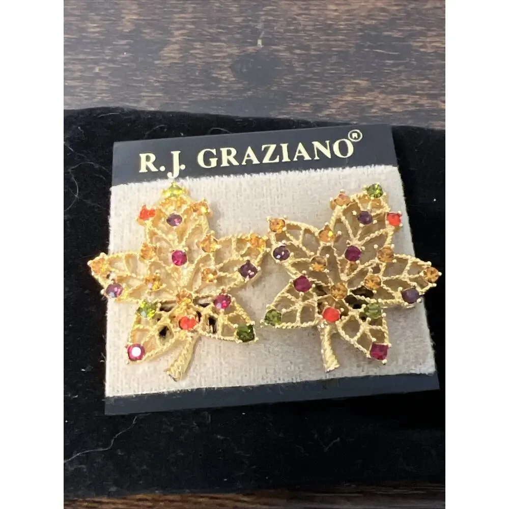 VTG R. J. Graziano Gold-Tone‎ FALL LEAF Clip-On Earrings w/Rhinestones